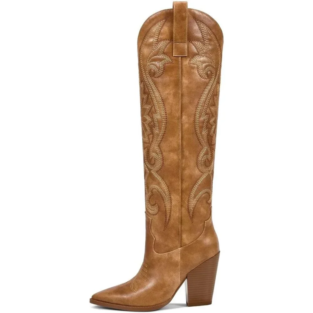 Women's Knee High Western Embroidered Chunky Heel Tall Brown Boots - Picture 2 of 6